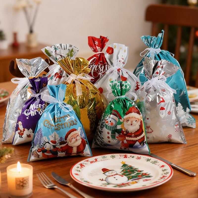 Christmas Drawstring Gift Bags, Xmas Gift Bags with Tags & Ribbon Ties, Reusable Santa Xmas Wrapping Bag Bulk with Tags for Candy - Image 2